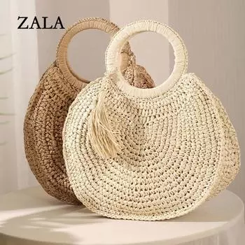Летние женские круглые соломенные сумки из ротанга, сумка на плечо, тканая пляжная сумка ручной работы, женские сумки большой вместимости, дизайн с кисточками, сумка-тоут 33x9x33cm хаки