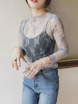 Летние женские кружевные блузки с цветочной вышивкой, рубашки, женские топы, сексуальные сетчатые блузки, прозрачные элегантные прозрачные черные рубашки One size бежевый