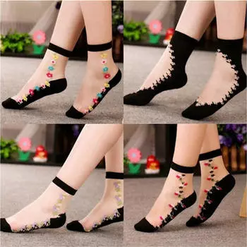 Летние женские кружевные носки с хрустальным стеклом, шелковые короткие тонкие прозрачные носки с цветком 1 чёрный