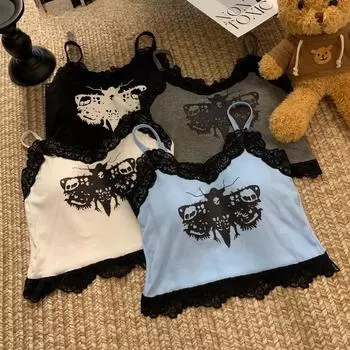 Летние женские кружевные топы с нагрудными подушечками, женские топы на бретелях, уличная одежда в стиле Харадзюку, сексуальные укороченные топы с принтом бабочек one size белый