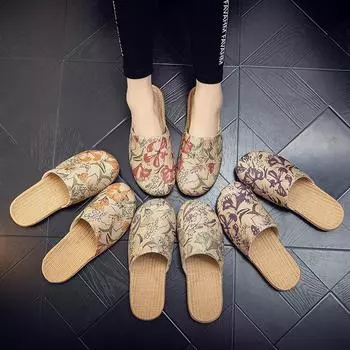 Летние женские льняные тапочки из ткани 35 красный