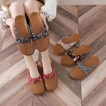 Летние женские льняные тапочки с закрытым носком в стиле ретро 35 красный