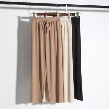 Летние женские легкие широкие брюки из ледяного шелка для девочек, однотонные свободные универсальные прямые повседневные брюки с высокой талией S чёрный