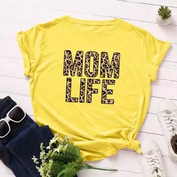 Летние женские леопардовые футболки с креативным текстом MOM LIFE с круглым вырезом и короткими рукавами из чистого хлопка для женщин S чёрный