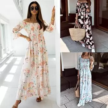 Летние женские летние богемные пляжные макси-платья с открытыми плечами и длинным платьем в стиле бохо с принтом S бежевый