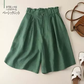 Летние женские литературные шорты из хлопка и льна, свободные широкие брюки с пятью точками, женские XXL зелёный