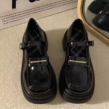 Летние женские лоферы Мэри Джейн из черной лакированной кожи 2024: Ретро Преппи Стиль, Толстая Подошва, Универсальный с Юбками 35