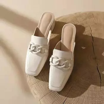 Летние женские лоферы с полудрагоценной цепочкой в стиле ретро, женская повседневная обувь с круглым носком, на среднем каблуке, с золотой цепочкой и закрытым носком 35