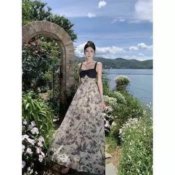 Летние женские лоскутные винтажные длинные платья с бретельками на шее S чёрный/белый