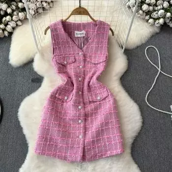 Летние женские милые клетчатые твидовые платья без рукавов для офисной работы и вечеринок, мини-короткие платья-жилеты M розовый