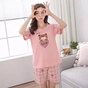 Летние женские милые повседневные пижамы с персиковым сердечком и маленьким медвежонком, ночная рубашка с короткими рукавами и короткими рукавами, пижамный комплект M розовый