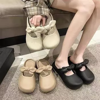 Летние женские милые сандалии с круглым носком и бантом, повседневные, модные, нескользящие, износостойкие, однотонные, на толстой подошве, домашние тапочки 40-41 чёрный