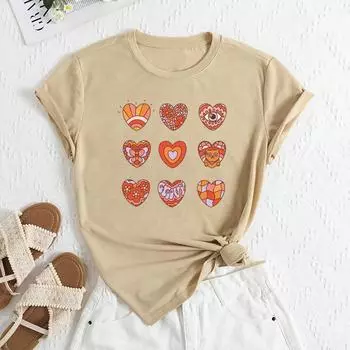 Летние женские многоэлементные футболки с принтом «любовь» с круглым вырезом, свободные, повседневные, из чистого хлопка, с короткими рукавами, женские S абрикосовый