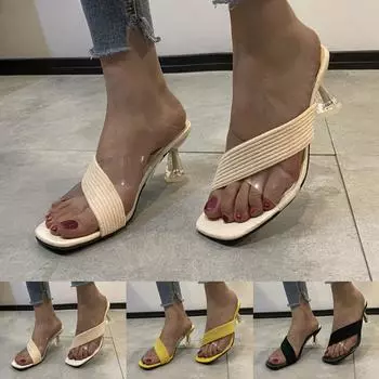 Летние женские модные босоножки большого размера с квадратным носком и открытым носком на хрустальном каблуке 37 бежевый