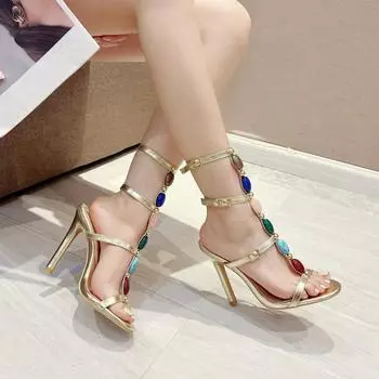 Летние женские модные босоножки на высоком каблуке с круглым носком, цветными кристаллами, ремешком на щиколотке, женские золотистые туфли для вечеринки и свадьбы 35