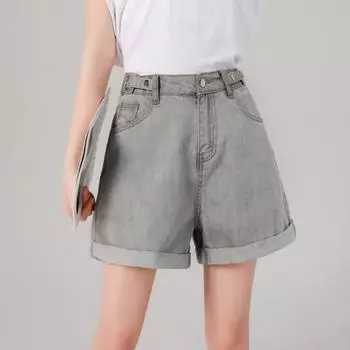 Летние женские модные джинсы, джинсовые шорты, свободные повседневные шорты для завивки, джинсы с эластичной резинкой на талии, большие размеры L серый