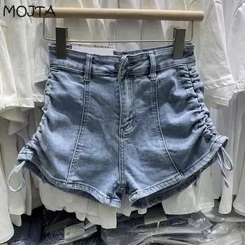 Летние женские модные джинсы на бедрах, джинсовые шорты, свободные повседневные тонкие шорты со сборками, брюки S