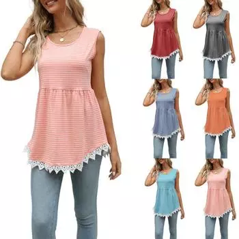 Летние женские модные кружевные топы в стиле пэчворк без рукавов в полоску S чёрный