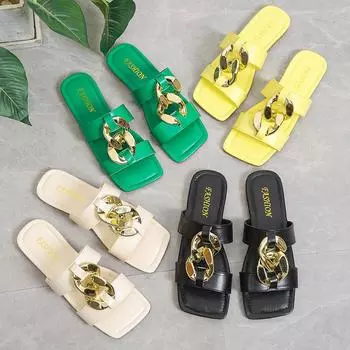 Летние женские модные квадратные шлепанцы, плоские металлические декоративные элементы снаружи, чтобы носить шлепанцы с открытым носком 36