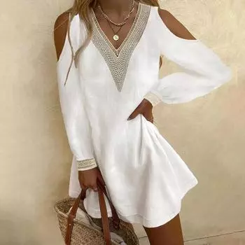 Летние женские модные однотонные кружевные платья с v-образным вырезом и длинными рукавами без бретелек XL белый