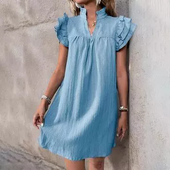 Летние женские модные однотонные платья с воротником-стойкой, повседневные платья S светло-синий