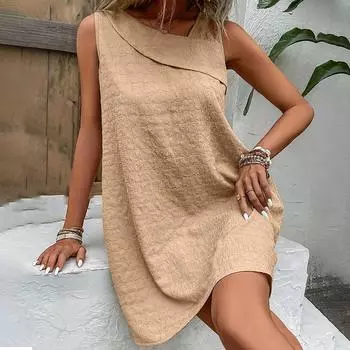 Летние женские модные однотонные жаккардовые стройняющие платья без рукавов с тонким косым воротником XXL белый