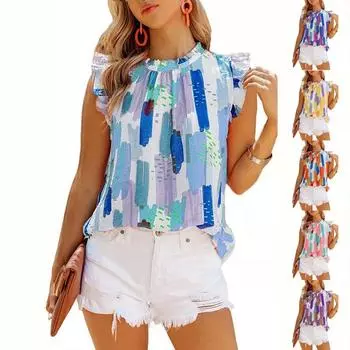 Летние женские модные повседневные блузки с рюшами и принтом, элегантные топы с круглым вырезом, летние свободные рубашки, футболки S розовый