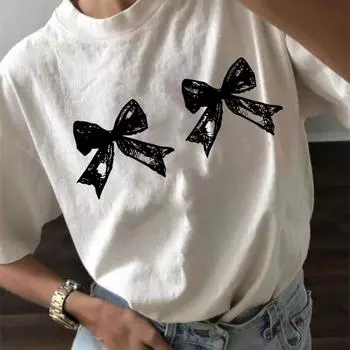 Летние женские модные повседневные свободные футболки с круглым вырезом и короткими рукавами с принтом в виде двойного банта для женщин S белый