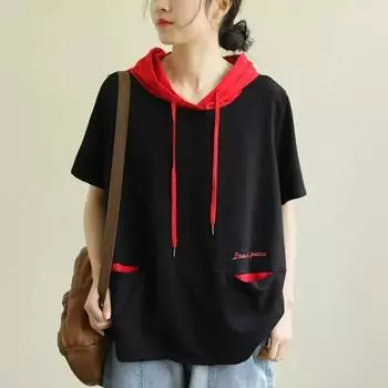 Летние женские модные повседневные топы, рубашки с короткими рукавами, женские однотонные свободные футболки-туники, хлопковые блузки больших размеров, женская рубашка с капюшоном M жёлтый