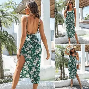 Летние женские модные праздничные пляжные платья с открытой спиной, сексуальное платье средней длины с разрезом по бокам и открытой спиной, с цветочным принтом XS