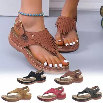 Летние женские модные сандалии на танкетке и бахромой, женская обувь 41 коричневый