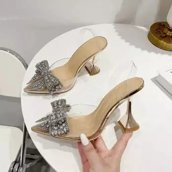 Летние женские модные сексуальные босоножки с острым носком и стразами, бантом из ПВХ, на высоком каблуке, для вечеринки и свадьбы 35