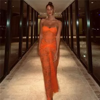 Летние женские модные сексуальные облегающие грудь кружевные перспективные облегающие бедра вечерние платья S оранжевый