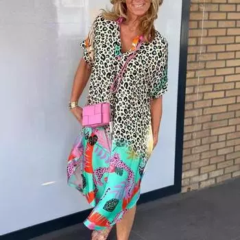 Летние женские модные свободные платья с полуразрезом на шее и принтом S цветной печати леопарда
