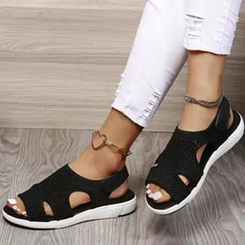 Летние женские модные тканые сандалии, женские универсальные полые дышащие эластичные летающие тканые сандалии с плоской подошвой, удобные спортивные сандалии 43 чёрный