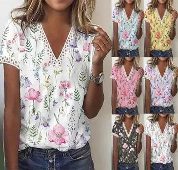 Летние женские модные топы, кружевные рубашки с v-образным вырезом и короткими рукавами, повседневная свободная блузка, футболка с цветочным принтом, женские топы-туники больших размеров XXL белый
