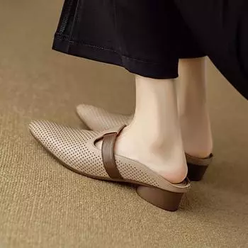 Летние женские мюли из натуральной кожи, женские туфли с закрытым носком на низком каблуке, женские тапочки с круглым носком, босоножки с открытой пяткой, полые туфли 34 белый