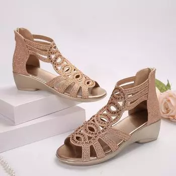 Летние женские настоящие мягкие римские сандалии из искусственной кожи с открытым носком на толстом каблуке 5 см, модные уличные женские сандалии со стразами 36 чёрный