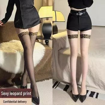 Летние женские нескользящие чулки с леопардовым принтом, прозрачные, длиной до колена One Size чёрный