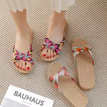 Летние женские нескользящие льняные тапочки ручной работы 35 оранжевый