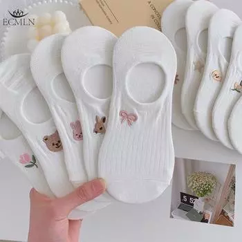 Летние женские носки белые с милой вышивкой в виде животных и растений невидимые носки силиконовые нескользящие носки One size