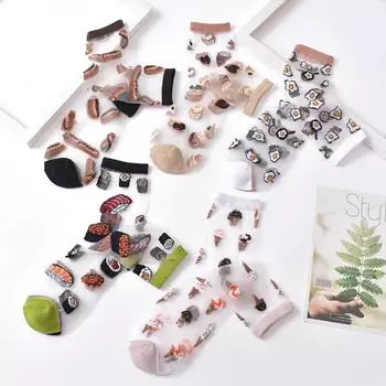 Летние женские носки, ультратонкие прозрачные шелковые носки с кристаллами, женские длинные эластичные носки с рисунком в японском стиле Kawaii, милые и забавные EUR 34-39