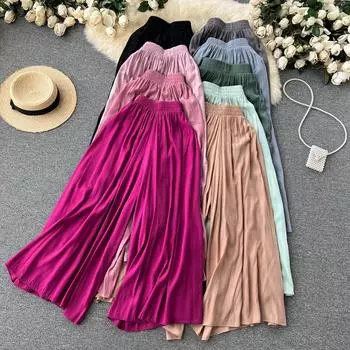 Летние женские новые модные свободные и тонкие драпированные брюки с высокой талией, элегантные шифоновые плиссированные широкие брюки