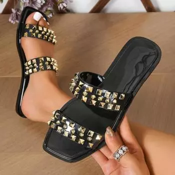 Летние женские новые повседневные шлепанцы на плоской подошве с заклепками и противоскользящим покрытием для верхней одежды, модные пляжные сандалии Jelly Crystal, мюли 36 бежевый