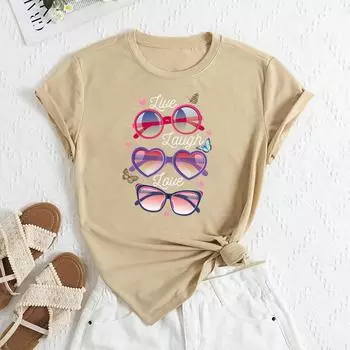 Летние женские очки с принтом, свободные, с круглым вырезом, повседневные, из чистого хлопка, с короткими рукавами, женские футболки S абрикосовый