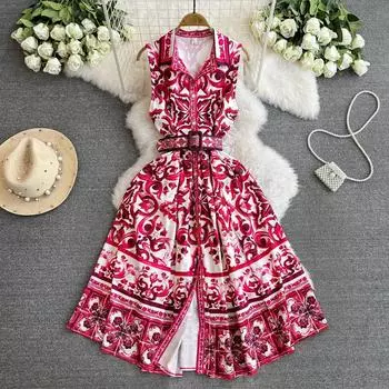 Летние женские однобортные брендовые дизайнерские платья с лацканами и винтажным принтом без рукавов на подиуме, вечерние платья с поясом S синий