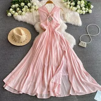 Летние женские однотонные бисерные большие праздничные пляжные платья с разрезом S розовый