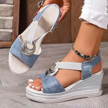 Летние женские однотонные босоножки на танкетке, повседневные женские сандалии для верхней одежды в тон 41EU/CN42 синий