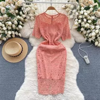 Летние женские однотонные кружевные офисные тонкие облегающие платья-карандаш S чёрный