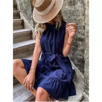 Летние женские однотонные платья без рукавов с завязками на талии S бордовый